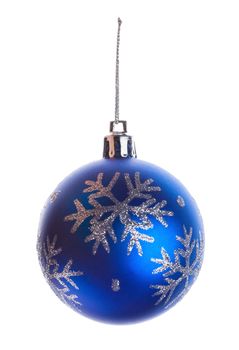 close-up blue ball with snowflakes, isolated on white