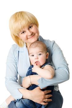 Mother and son posing together isolated on white