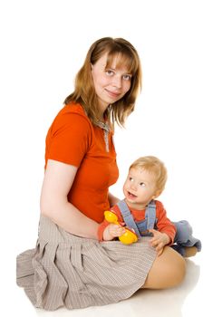 Mother with son posing isolated on white