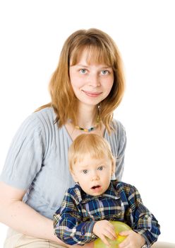 Mother with son posing isolated on white
