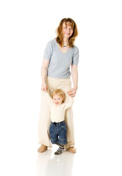 Mother with son posing isolated on white