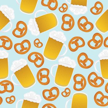 Beer mugs and pretzels design, seamless pattern suitable for Oktoberfest celebration. No mesh.