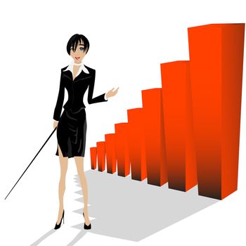 Conceptual layout with a business woman presenting statistic bars