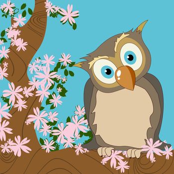 Cute owl and blossom tree background