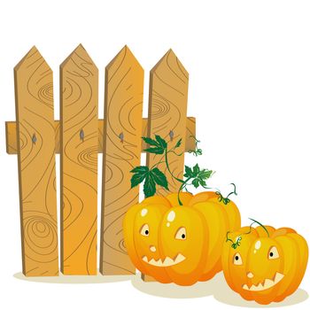 Two smiling pumpkins over a wooden fence. Stylized cartoon elements over white background