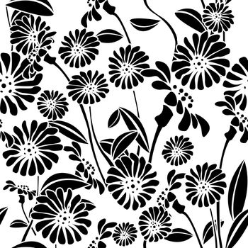 Decorative floral background, seamless pattern in black and white, clip art