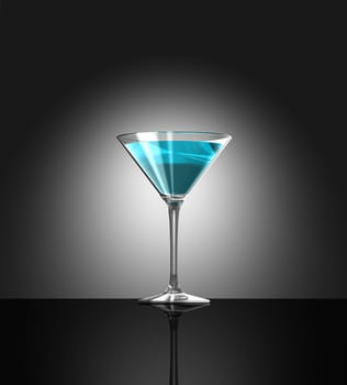 transparent blue cocktail glass reflecting on bar surface. three dimensional illustration