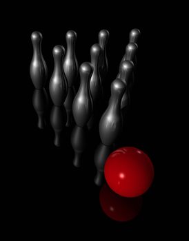 ten metal bowling skittles and red ball on black background - three dimensional illustration