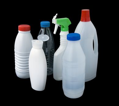 group of plastic bottles isolated on black whith clipping path