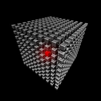 Isolated three dimensional cube made of metal cubes whith a red selected point