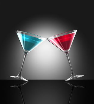 two transparent blue and red cocktail glasses reflecting on bar surface. three dimensional illustration