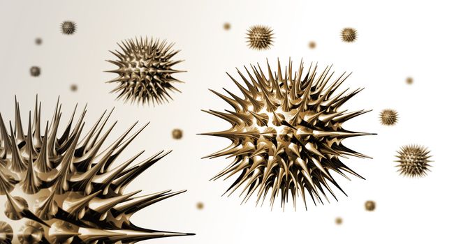 three dimensional illustration of many metal virus in white space