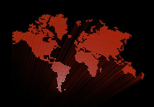 three dimensional red spotted world map isolated on black background