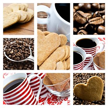 Collage of coffee and heart shaped cookies