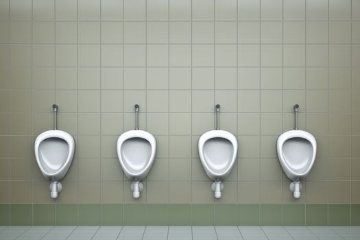 Row of four urinals. 3D rendered image.