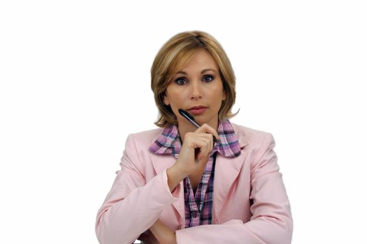 A lovely young blonde businesswoman wearing a pink jacket and holding an ink pen.