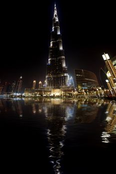 Burj Khalifa, the world's tallest building at Sheikh Zayed Road taken February 19, 2011 in Dubai, United Arab Emirates. Burj Khalifa is 828m high.