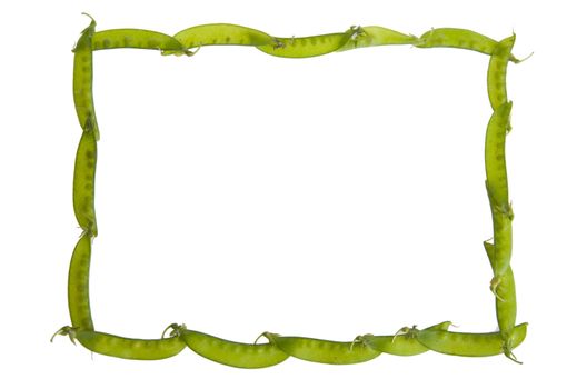 An Isolated border on white made of green pea pods