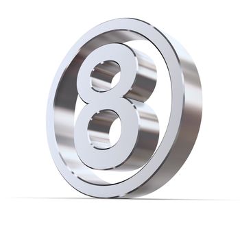 shiny 3d number 8 made of silver/chrome in a metallic circle