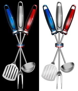 Concept of French cuisine with kitchen tools and national flag