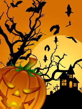 Halloween Carved Pumpkin Bats Moon Cemetery Tombstone Tree Illustration