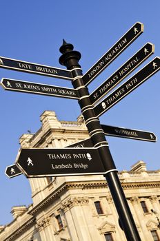 Signpost in Westminster London showing various attractions