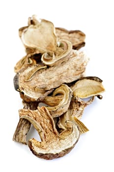 Dried sliced porcini mushrooms isolated on white background