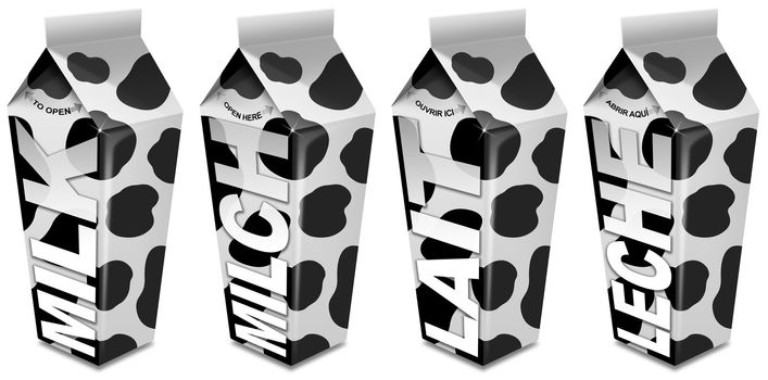 White packaging to black spots of milk, with milk written in english, french, spanish and german