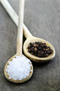 Sea salt and whole peppercorns on wooden spoons