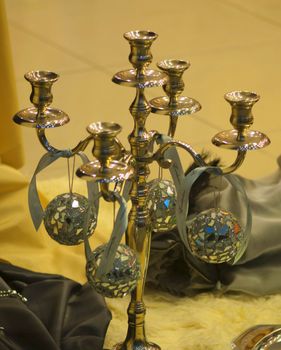 Vintage pewter candelabra. Silver candelabrum. Decorative ancient ornament. High resolution image.