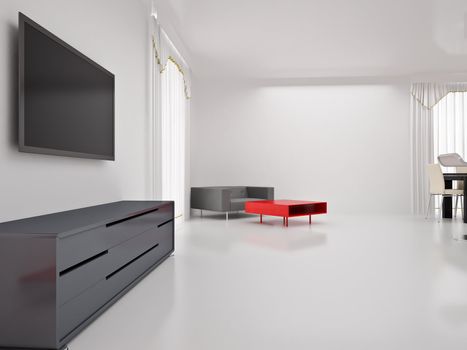 Modern TV in room. Interior of the modern room. High resolution image. 3d rendered illustration.