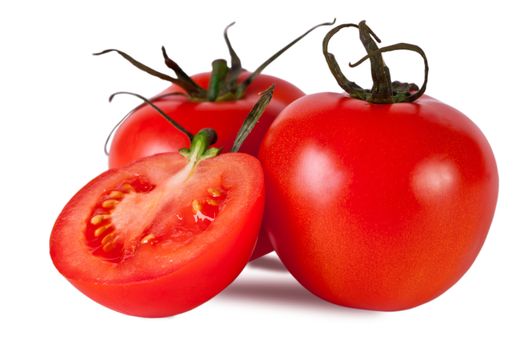 Red tomato isolated on white. Fresh red tomato. Sweet  vegetable.