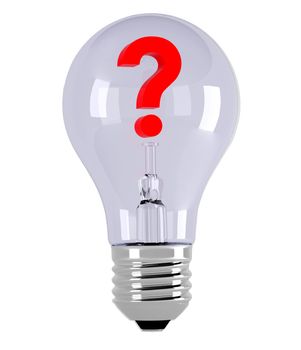 Light bulb and question. 3d illustration over  white backgrounds.