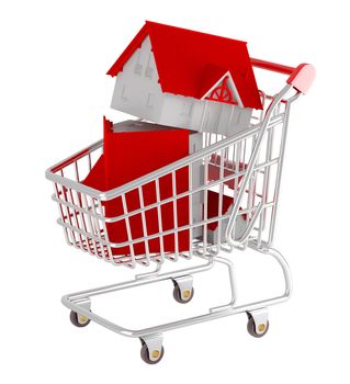 Shopping cart. 3d illustration over white backgrounds. Model house.