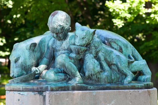 Bronze sculpture of the boy with lions. The city of Kaliningrad.