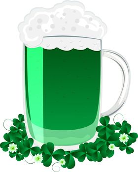 Green beer mug and clover leaves for the feast of St. Patrick