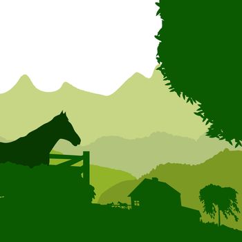 Farm on mountain site, background illustration