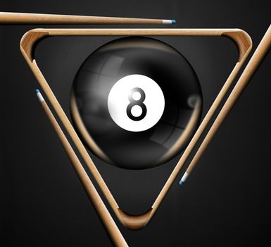 Illustration with triangle, pool balls number 8, and three pool cues