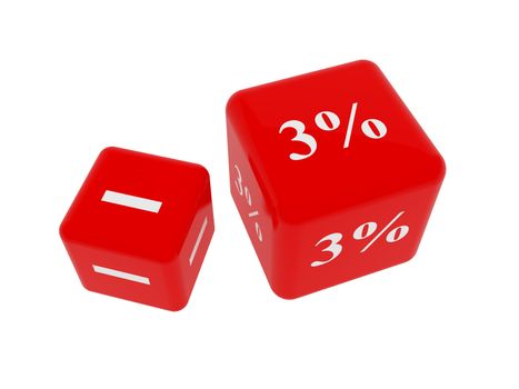 Symbols of percent on red cubes over  white background.