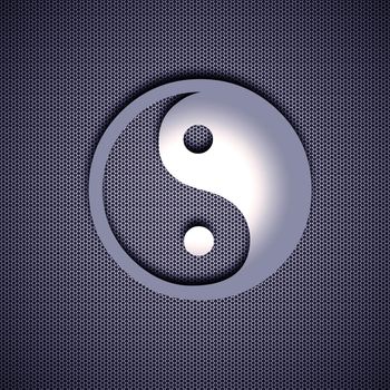 Yin Yang symbol with 3d effect, symbol isolated on metal background. Steel background.