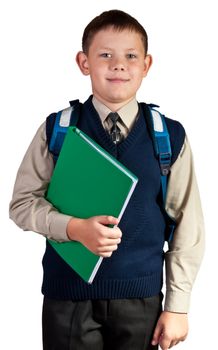 Schoolboy. Isolated over white background. The boy is dressed in a vest.