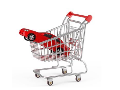 High resolution image car and shopping cart. 3d illustration over  white backgrounds.