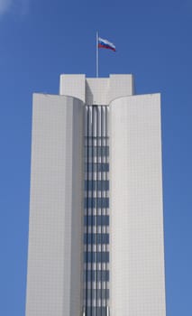 Mayoralty building in the city of Vladivostok. The Russian flag.