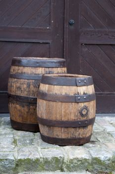 Two old fashionned wood barrel. High resolution image. Wooden barrel.