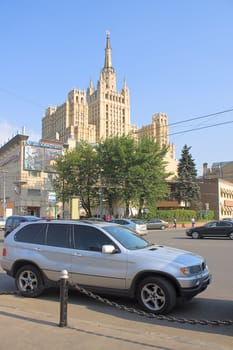 View of  parked car on  background of buildings, Moscow, Russia.
