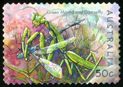 AUSTRALIA - CIRCA 2003: stamp printed by Australia, shows green mantid and damselfly, circa 2003