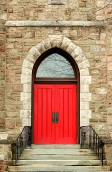 A Red church door with stairs