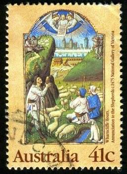 AUSTRALIA - CIRCA 1989: stamp printed by Australia, shows Annunciation to the Shepherds from the Wharncliffe Hours, circa 1989