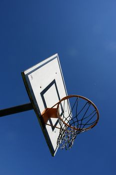 basketball basket against blue sky on a sunny day