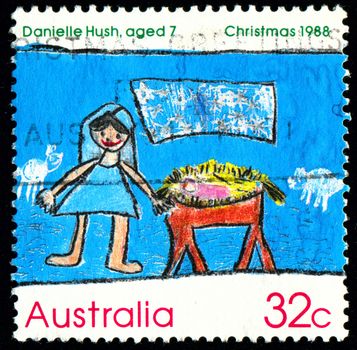 AUSTRALIA - CIRCA 1988: stamp printed by Australia, shows Children’s design contest winning drawings, Nativity scene, by Danielle Hush, circa 1988